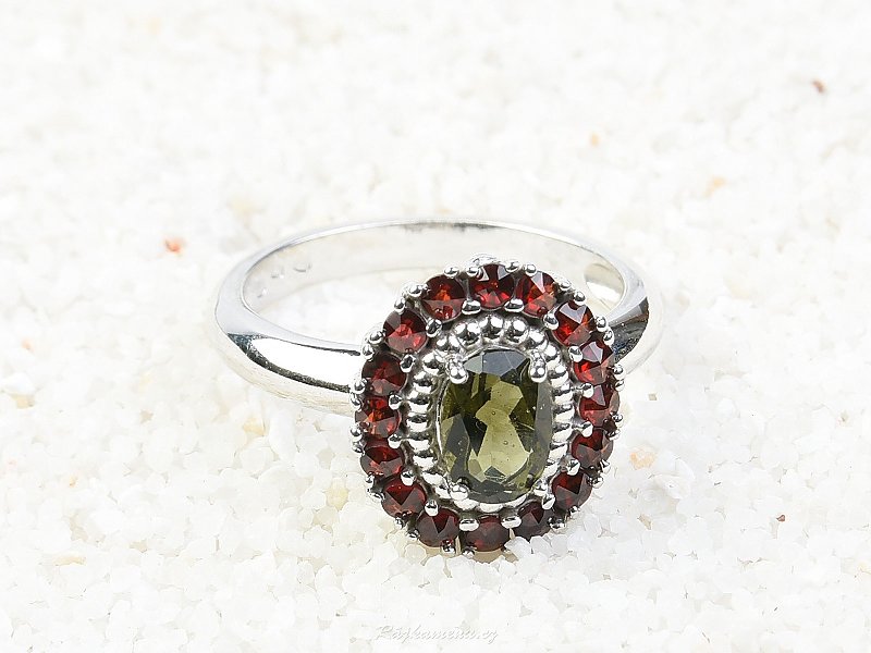 Ring with moldavite and garnets 7 x 5 mm oval cut standard 925/1000 Ag + Rh