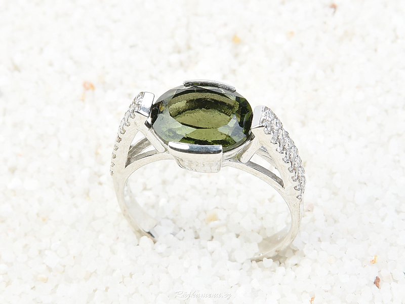 Ring with moldavite and zircon oval 11 x 8 mm standard cut 925/1000 Ag + Rh