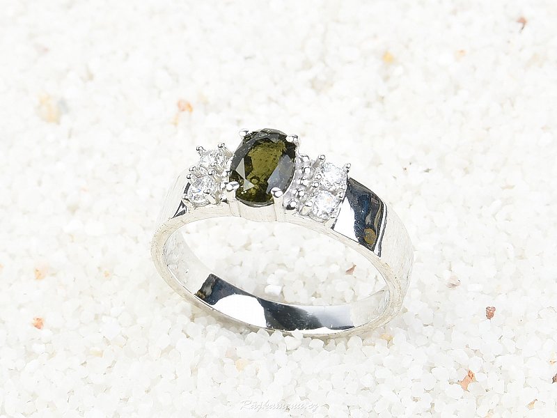 Ring with moldavite and zircons 7 x 5 mm oval cut standard 925/1000 Ag + Rh