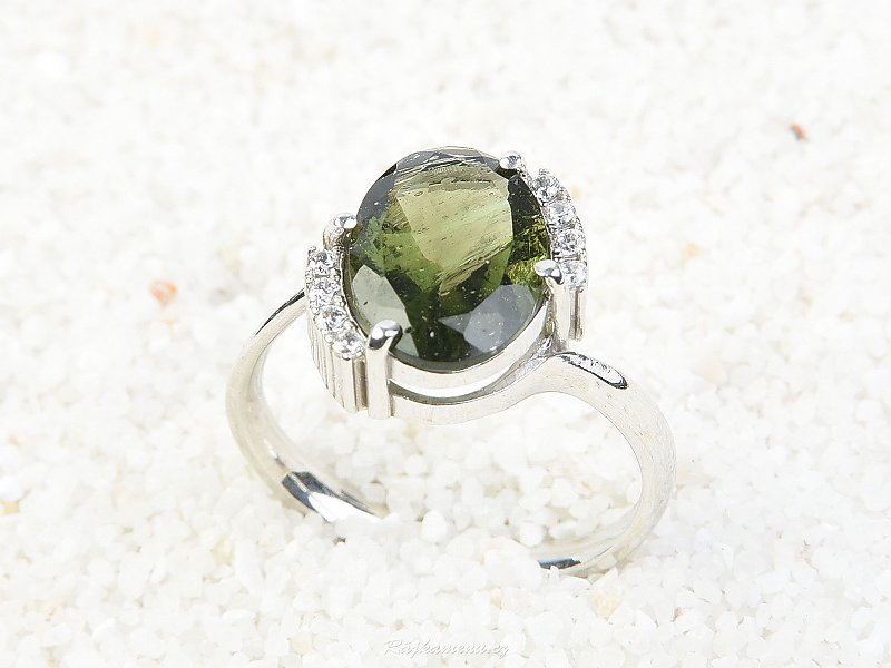 Ring with moldavite and zircon oval 13 x 9 mm standard cut 925/1000 Ag + Rh
