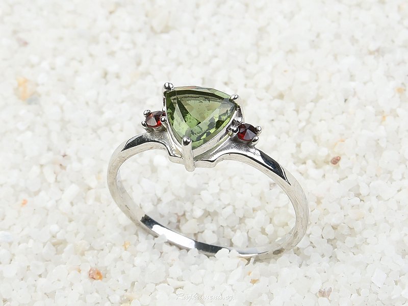 Ring with moldavite and garnets triangle 7 mm standard cut 925/1000 Ag + Rh