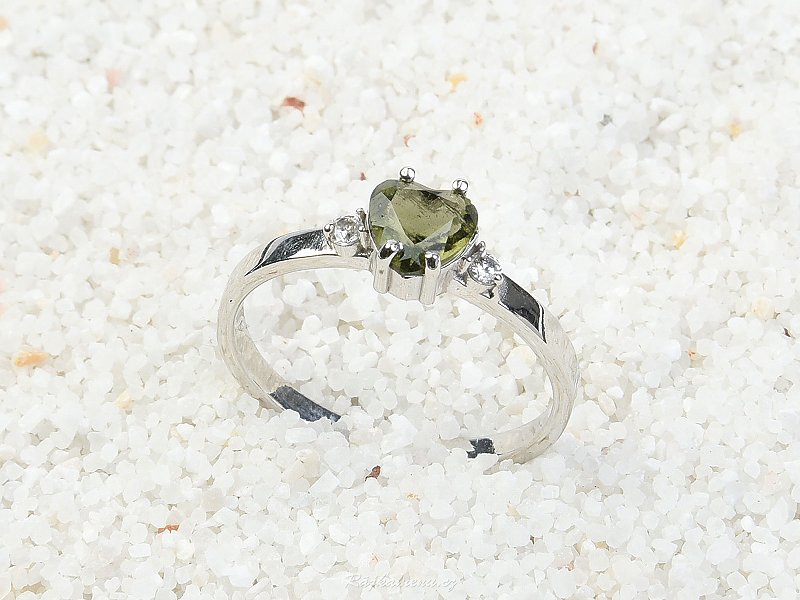 Ring with moldavite and Zirconia Heart 6 x 6 mm standard cut 925/1000 Ag + Rh