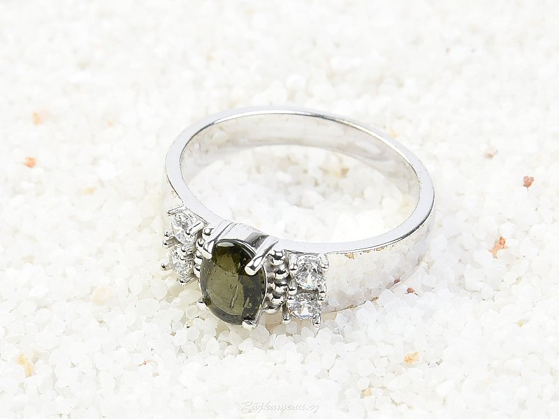 Ring with moldavite and zircons 7 x 5 mm oval cabochons 925/1000 Ag + Rh