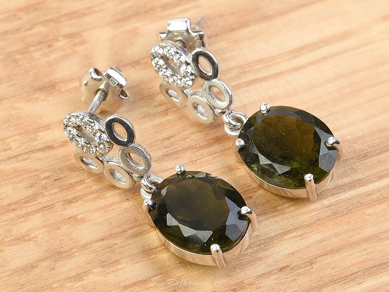Earrings with moldavite and zircon oval 11 x 9 mm standard cut Ag 925/1000