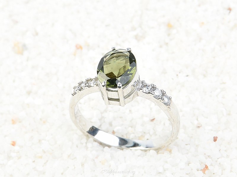 Ring with moldavite and zircon oval 9 x 7 mm standard cut 925/1000 Ag + Rh