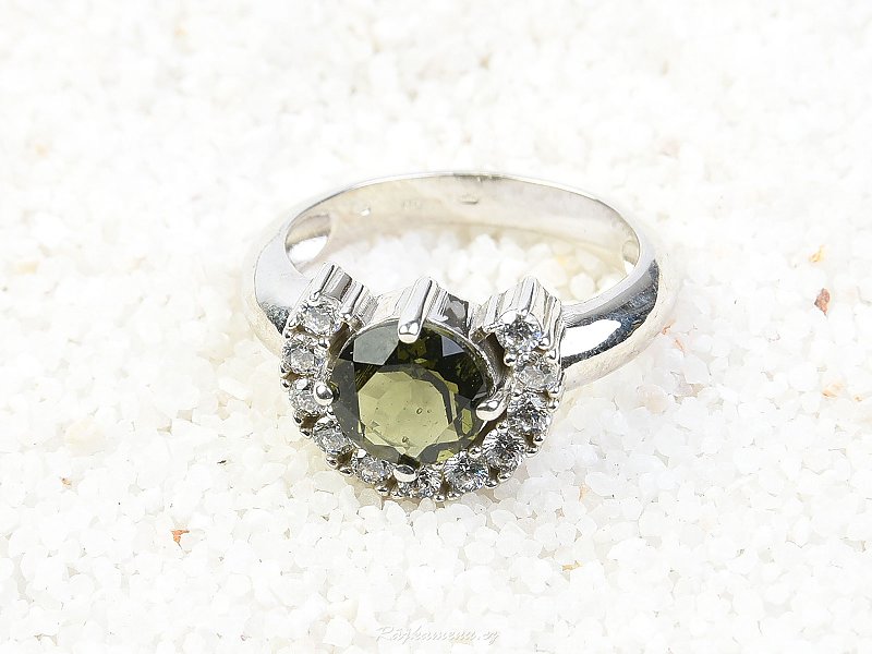 Ring with moldavite and zirconia 7 mm standard cut 925/1000 Ag + Rh