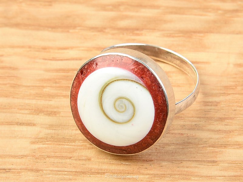 Ring round coral and shell shiva Ag 925/1000