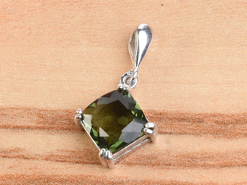 Moldavite pendant with diamond 9 x 9 mm standard cut 925/1000 Ag Rh