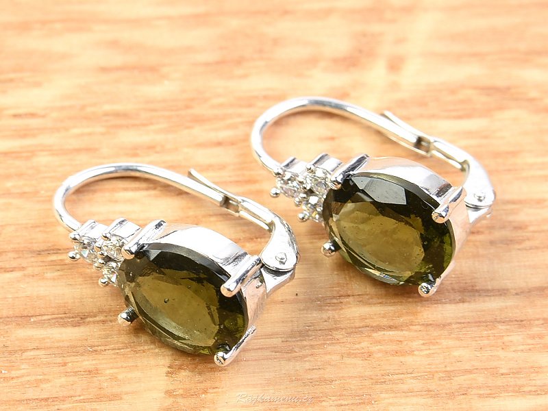 Earrings with moldavite and zircon oval 10 x 8mm standard cut 925/1000 Ag Rh