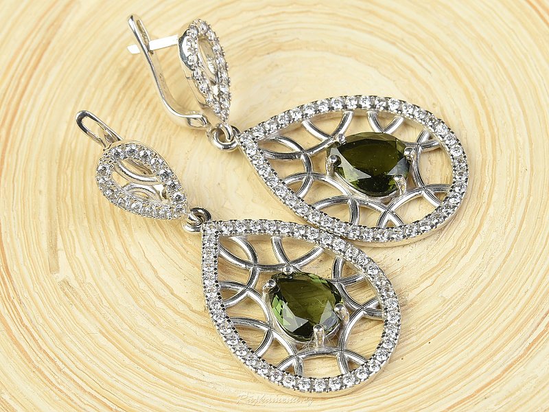 Luxurious earrings with moldavite and zircons standard Ag 925/1000 Rh