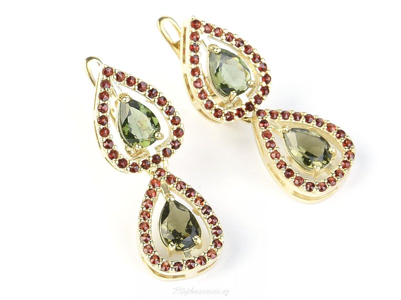 Earrings gold with moldavites and garnets two drops of standard abrasive Au 585/1000 8,82g
