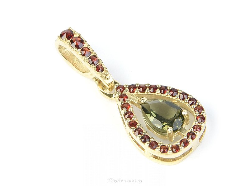 Gold pendant drop of moldavite and garnets Au 585/1000 2,58g