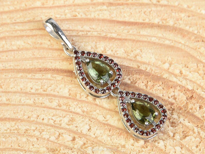 Pendant two drops with moldavites and garnets 7 x 5mm standard cut Ag 925/1000 Rh