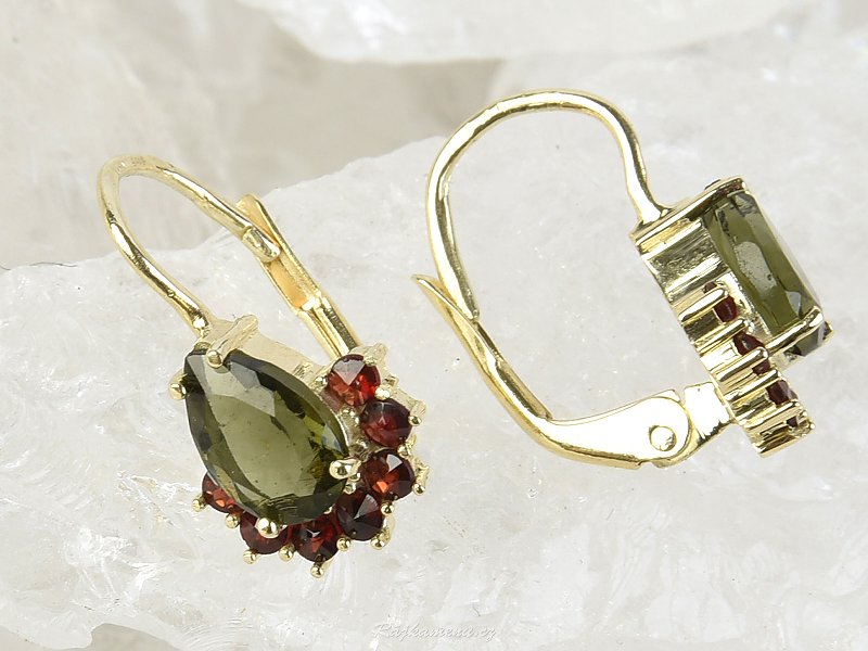 Earrings moldavite and garnets 8 x 5mm gold Au 585/1000 3,30g
