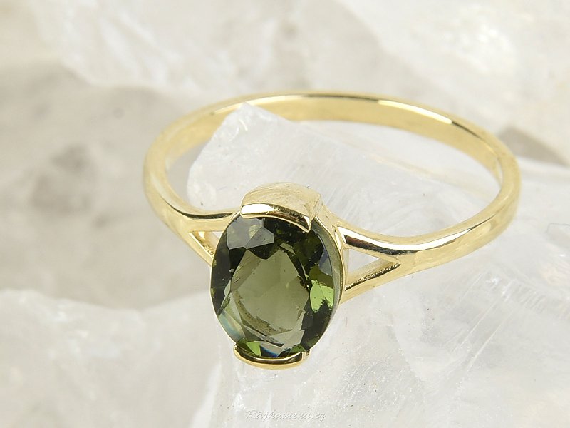 Ring moldavite oval 10 x 7mm Gold 14K size55 2.63g