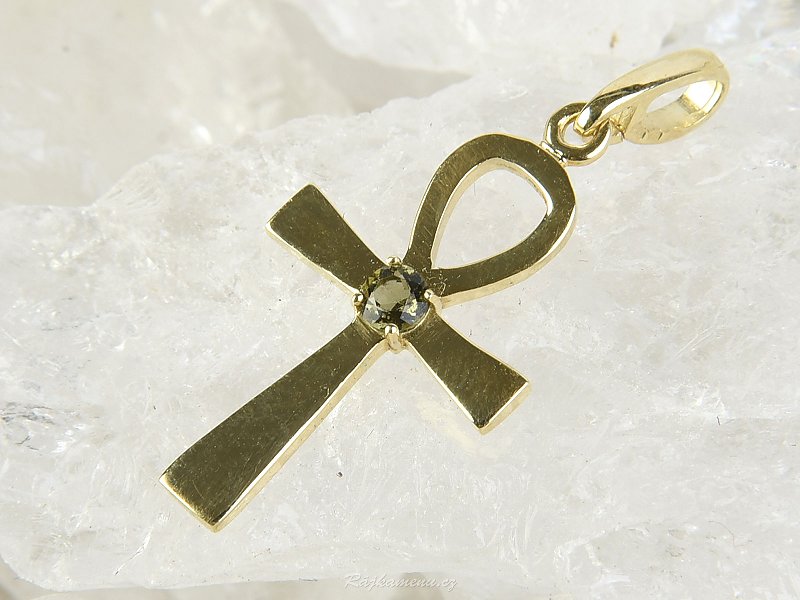 Cross pendant with moldavite gold Au 585/1000 14K 2,03g