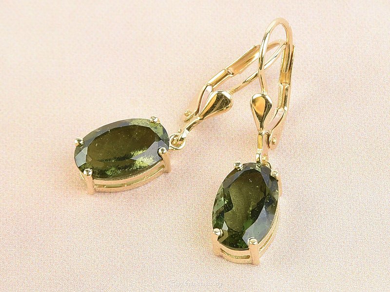 Gold moldavite earrings oval 11 x 7mm 14K Au 585/1000 3,31g