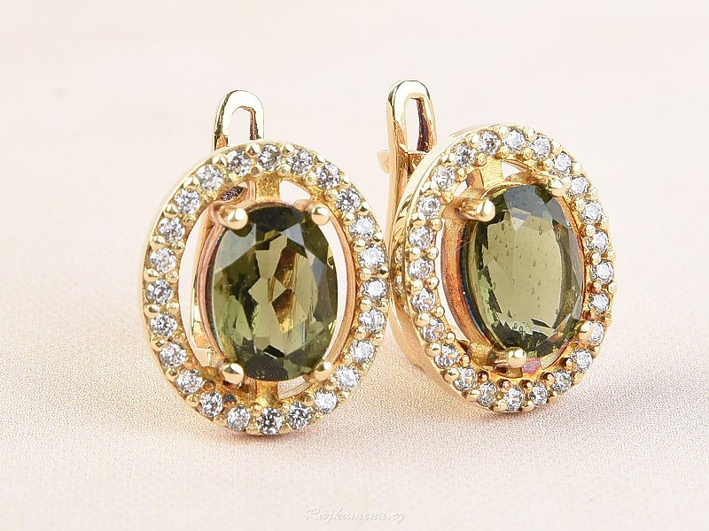 Moldavite and zircons earrings oval 8 x 6mm 14K gold Au 585/1000 5,86g