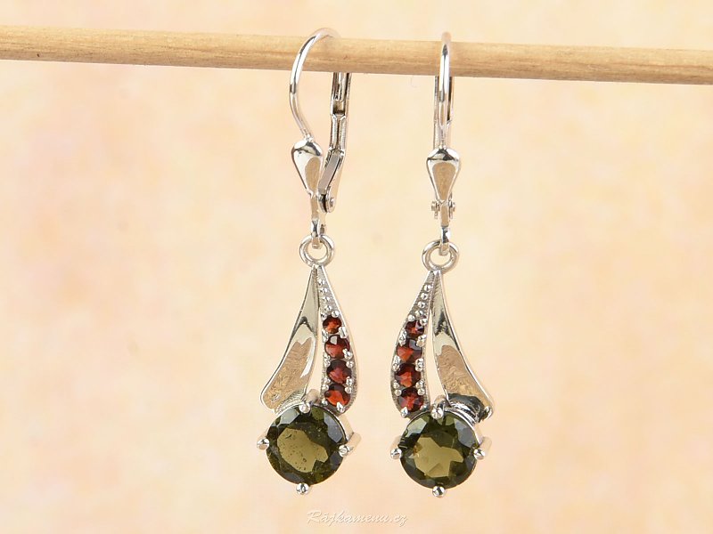 Earrings with moldavites and Ag 925/1000 Rh garnets