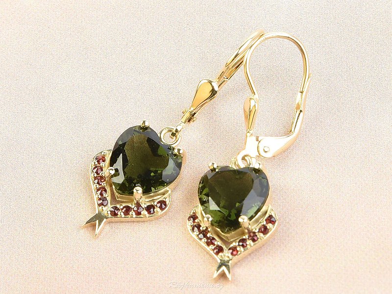 Earrings of moldavite and garnets 9 x 9mm gold Au 585/1000 4,54g