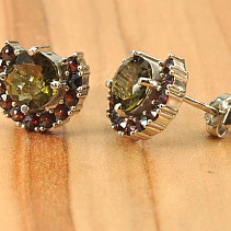 Earrings semicircle with moldavite and garnets silver, Rh