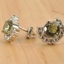 Moldavite semicircle earrings with cubic zirconia and silver, Rh