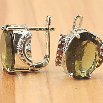 Earrings oval with moldavite and garnets 925/1000 Ag + Rh