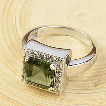 Ring with moldavite and zircons 12 x 12mm 925/1000 Ag + Rh