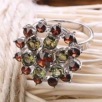 Extra ring with moldavite and garnets 925/1000 Ag + Rh