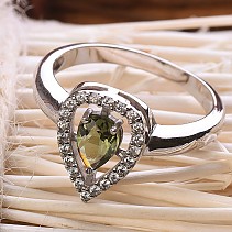 Ring with moldavite and zircons 14 x 10 mm drop Ag 925/1000 Rh