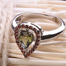 Ring with moldavite and garnets 14 x 10 mm drop Ag 925/1000