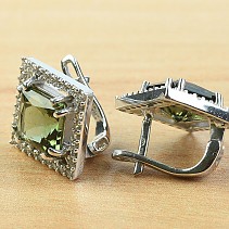Earrings with cubic zirconia diamond moldavite and 8 x 8mm 925/1000 Ag + Rh
