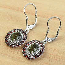 Earrings with moldavite and garnets Oval 925/1000 Ag + Rh