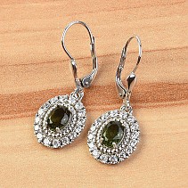 Earrings with moldavite and zircon oval 925/1000 Ag + Rh