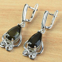 Luxurious earrings with moldavite and zircon drop 925/1000 Ag + Rh