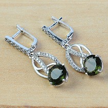 Beautiful hanging earrings with cubic zirconia moldavite and 9 mm standard cut 925/1000 Ag Rh