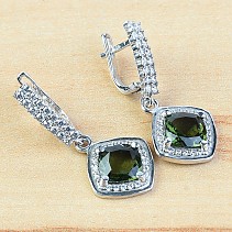 Diamond earrings with moldavite and zircon standard cut 925/1000 Ag Rh