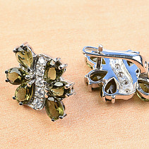 Vltavín and zirconia earrings flower cut 925/1000 Ag + Rh