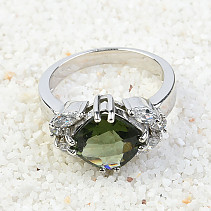 Ring with moldavite and 10 mm cubic zirconia diamond checker top cut 925/1000 Ag + Rh