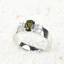 Ring with moldavite and zircons 7 x 5 mm oval cut standard 925/1000 Ag + Rh