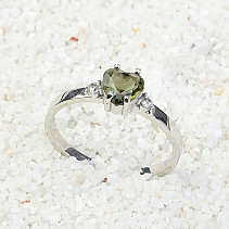 Ring with moldavite and Zirconia Heart 6 x 6 mm standard cut 925/1000 Ag + Rh