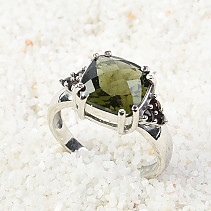 Ring with moldavite and garnets square 10 x 10 mm checker top cut 925/1000 Ag + Rh