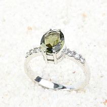 Ring with moldavite and zircon oval 9 x 7 mm standard cut 925/1000 Ag + Rh