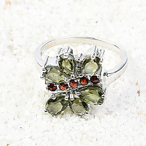 Ring with moldavite and garnets standard cut flower Ag 925/1000 Rh +