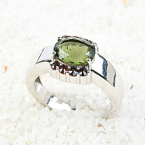 Ring with moldavite and garnets oval 9 x 7 mm standard cut 925/1000 Ag + Rh