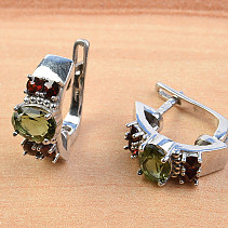 Earrings with moldavite and garnets 7 x 5 mm oval cut standard 925/1000 Ag + Rh