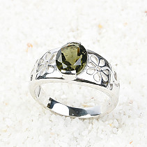 Ring with moldavite decorated with flowers oval 9 x 7 mm standard cut 925/1000 Ag + Rh