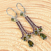 Luxury earrings with moldavite and garnet checker + Ag 925/1000 Rh