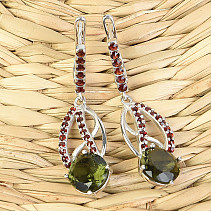 Luxurious earrings with moldavite and Ag 925/1000 Rh standard garnet