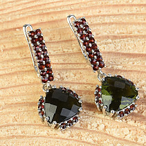 Pendant earrings with moldavite and garnets checker top Ag 925/1000 Rh